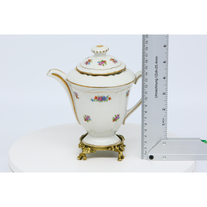 Tetera de Porcelana Limoges con Soporte de Bronce, Porcelaines Pallas Tetera de Té Floral, Vajilla de Oro Fino, 19 cm, Años 80