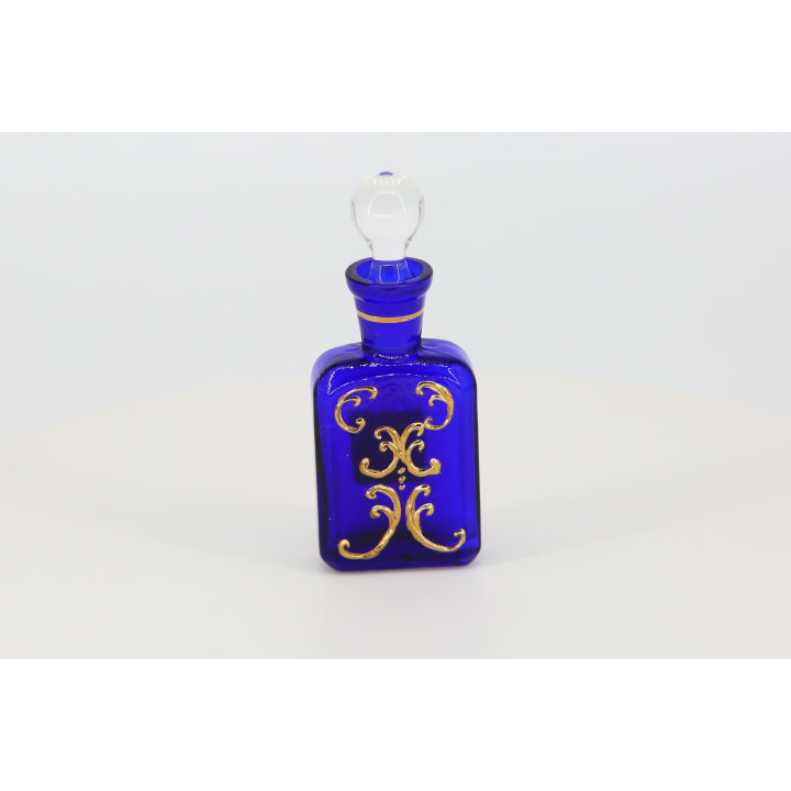 Bottiglia di Profumo in Vetro Soffiato, Flacone Vintage Cristallo, B. Fucik Vcelnicka, Blu Cobalto e Smalto Oro, Tappo, Boemia…