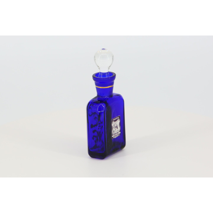 Bottiglia di Profumo in Vetro Soffiato, Flacone Vintage Cristallo, B. Fucik Vcelnicka, Blu Cobalto e Smalto Oro, Tappo, Boemia…