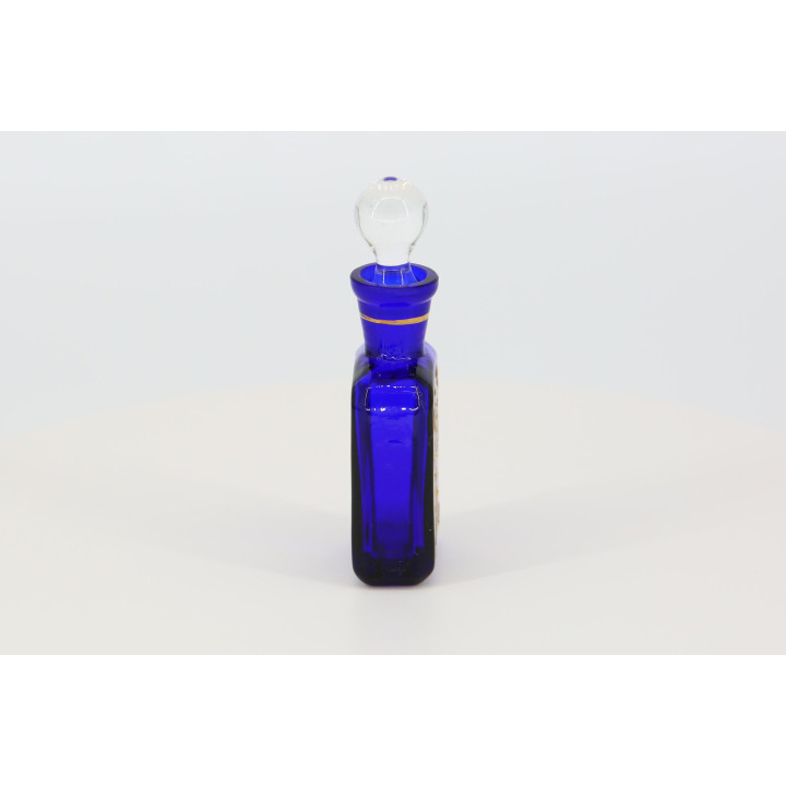 Bottiglia di Profumo in Vetro Soffiato, Flacone Vintage Cristallo, B. Fucik Vcelnicka, Blu Cobalto e Smalto Oro, Tappo, Boemia…