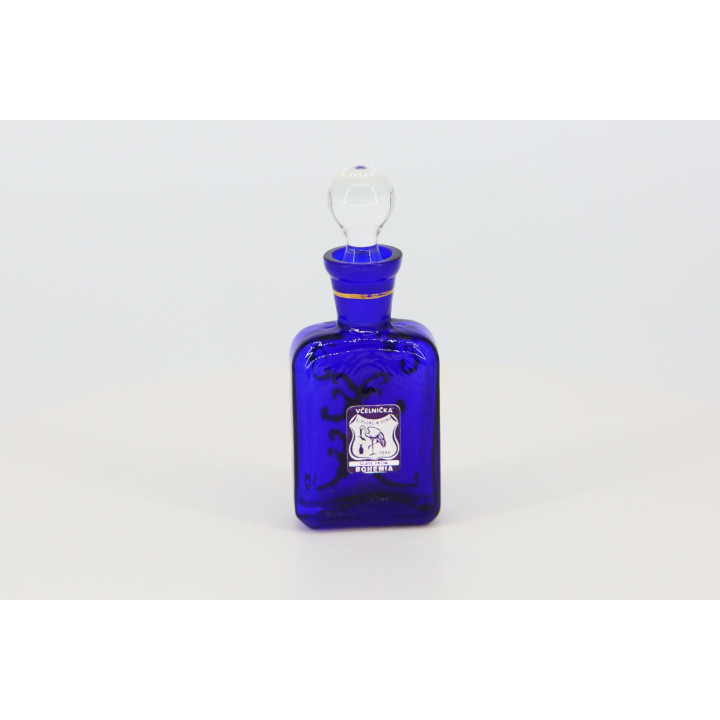 Bottiglia di Profumo in Vetro Soffiato, Flacone Vintage Cristallo, B. Fucik Vcelnicka, Blu Cobalto e Smalto Oro, Tappo, Boemia…