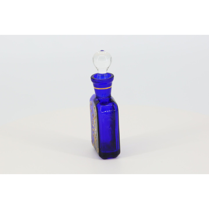 Bottiglia di Profumo in Vetro Soffiato, Flacone Vintage Cristallo, B. Fucik Vcelnicka, Blu Cobalto e Smalto Oro, Tappo, Boemia…