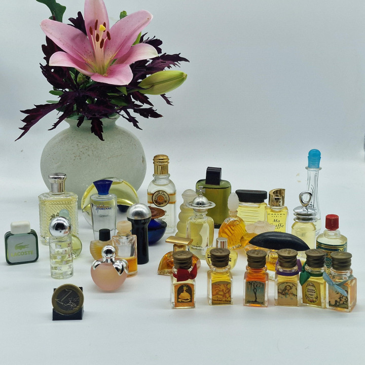 Lot of 30 Vintage Perfume Miniatures, Collectible Small Bottles, Vivienne Westwood, Caron, Paco Rabanne, Carven, 1980s-2000s Gl…