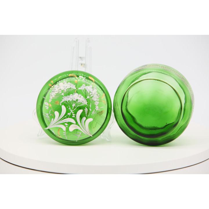 Portagioie antico in vetro di Boemia verde smeraldo