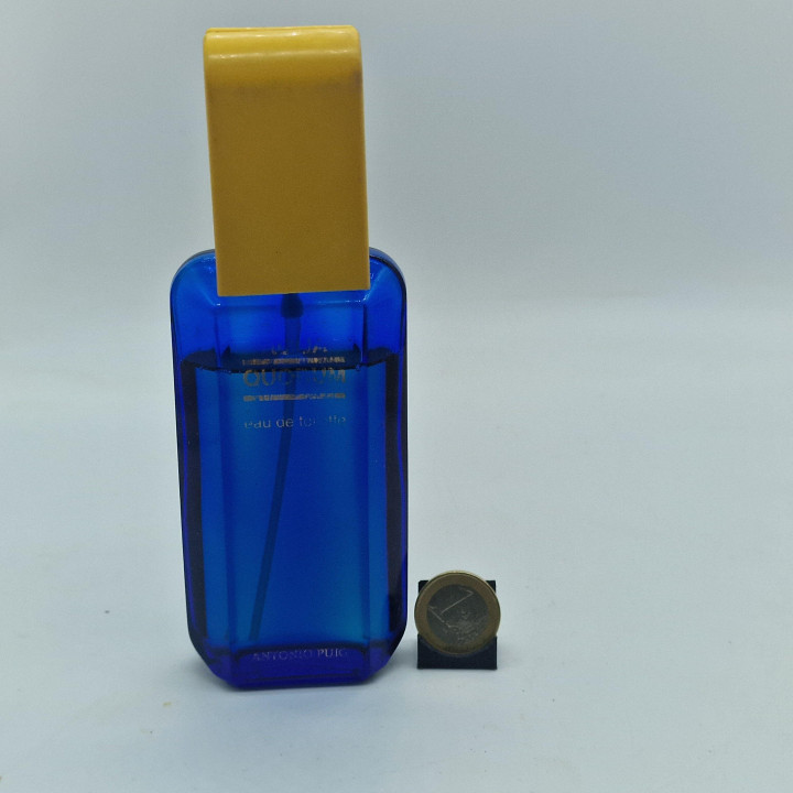 Parfum Vintage Quorum Antonio Puig Eau de Toilette, Flacon Bleu Cobalt Rare 100ml, Fragrance Espagnole 1990, Capuchon Abîmé