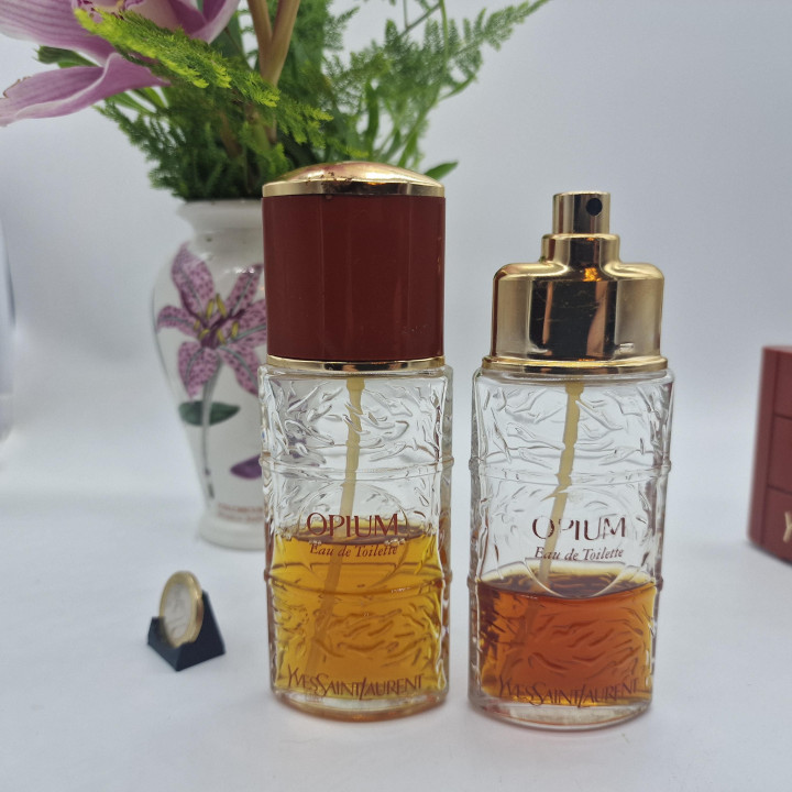 Vintage Parfum Flacon Lot Yves Saint Laurent YSL Opium Eau de Toilette EDT Sanofi Tijdperk - 2 Flesjes 40ml Totaal, Jaren 90 Ve…