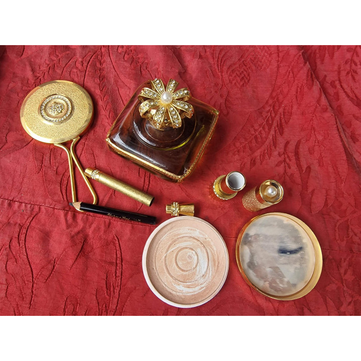 Jogo de Penteadeira Myrna Pons Barcelona Corona, Frasco de Perfume Polvilhador Espelho de Mao Batom com Caixa, Vintage de Luxo…