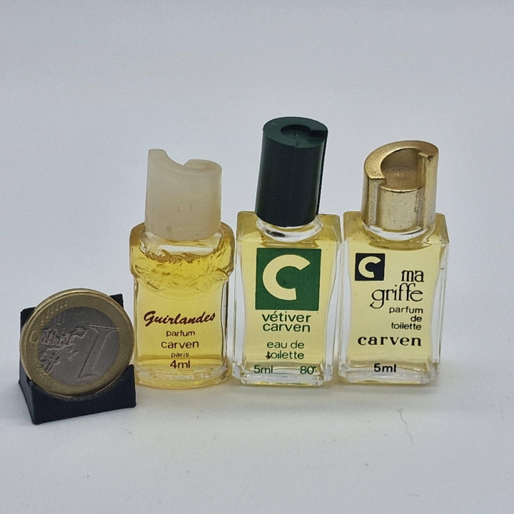 フランス製ヴィンテージ ミニチュア香水 3本セット カルヴェン パリ Ma Griffe Vetiver Guirlandes オードトワレ パルファム レア 1980年代 コレクターアイテム 古い香水瓶