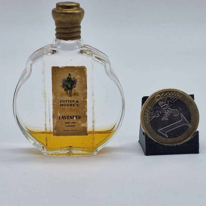 Zabytkowy Flakon na Perfumy Potter & Moore Lavender Water, Stara Szklana Butelka z Mosiężnym Korkiem, Anglia Lata 20. Kolekcjon…