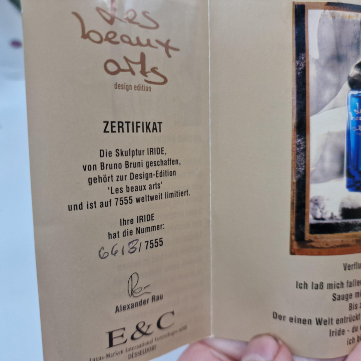 Vintage Parfumfles, Les Beaux Arts Iride van Bruno Bruni, Gelimiteerde Editie 100ml, Bronzen Sculptuur, 1994, met Certificaat