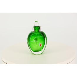 Bottiglia Profumo Vintage in Vetro Verde, Vetro Sommerso con Fiore Lampwork, Arredo Toeletta Anni 90, Vetro Soffiato con Tappo,…