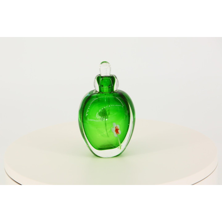 Vintage Groene Glazen Parfumfles, Sommerso Kunstglas met Lampwork Bloem, Jaren 90 Kaptafel Decor, Mondgeblazen Glas met Origine…