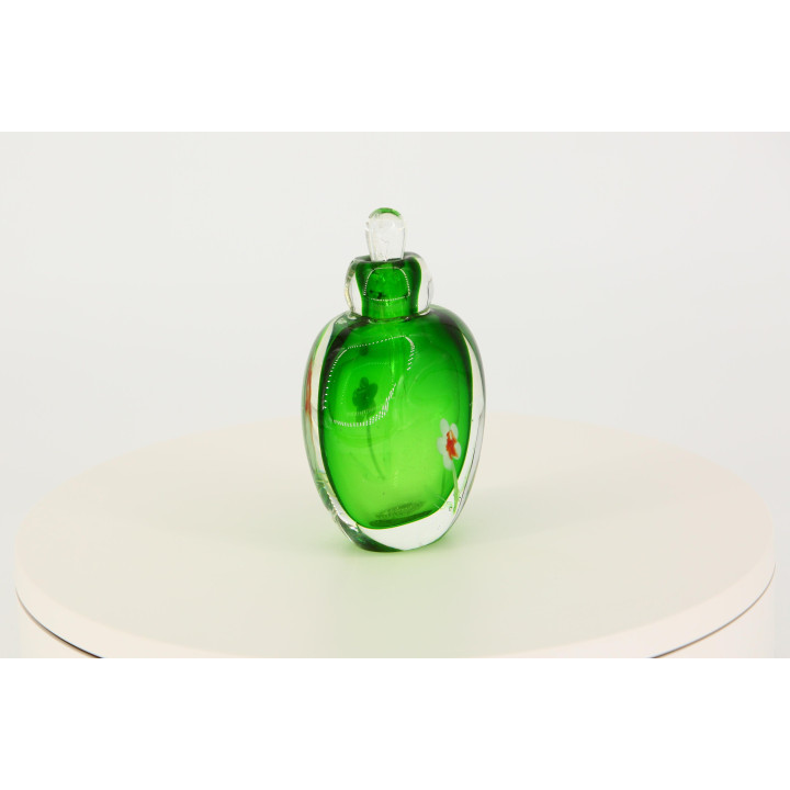 Vintage Groene Glazen Parfumfles, Sommerso Kunstglas met Lampwork Bloem, Jaren 90 Kaptafel Decor, Mondgeblazen Glas met Origine…