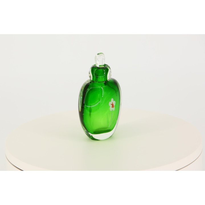 Flacon de Parfum Vintage en Verre Vert, Verre d'Art Sommerso avec Fleur Lampwork, Déco Coiffeuse Années 90, Verre Soufflé avec…