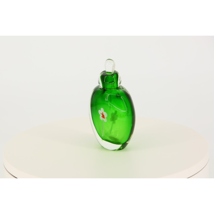 Flacon de Parfum Vintage en Verre Vert, Verre d'Art Sommerso avec Fleur Lampwork, Déco Coiffeuse Années 90, Verre Soufflé avec…