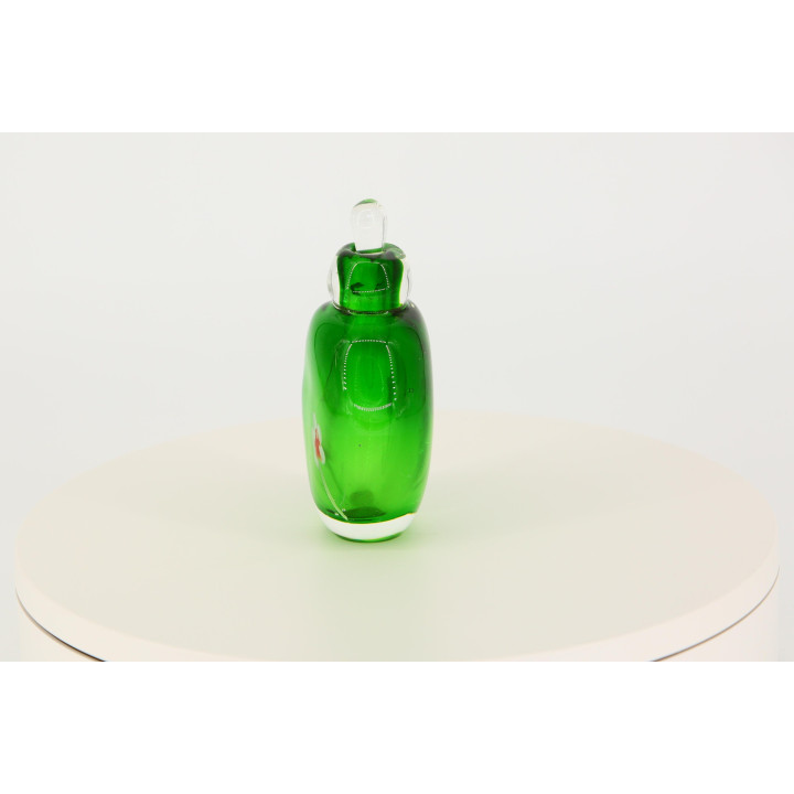 Vintage Green Glass Perfume Bottle, Sommerso Art Glass with Lampwork Flower, 1990s Vanity Decor Collectible, Hand Blown Glass S…