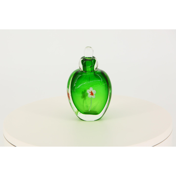 Vintage Groene Glazen Parfumfles, Sommerso Kunstglas met Lampwork Bloem, Jaren 90 Kaptafel Decor, Mondgeblazen Glas met Origine…