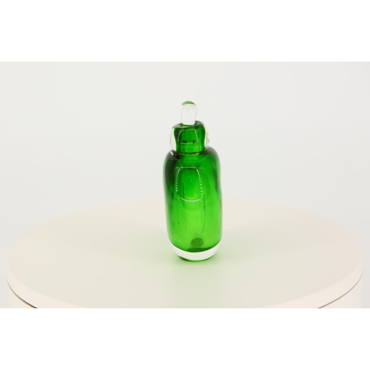 Vintage Groene Glazen Parfumfles, Sommerso Kunstglas met Lampwork Bloem, Jaren 90 Kaptafel Decor, Mondgeblazen Glas met Origine…
