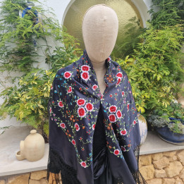 Xale Mantón de Manila de Seda Bordado à Mão | Vintage