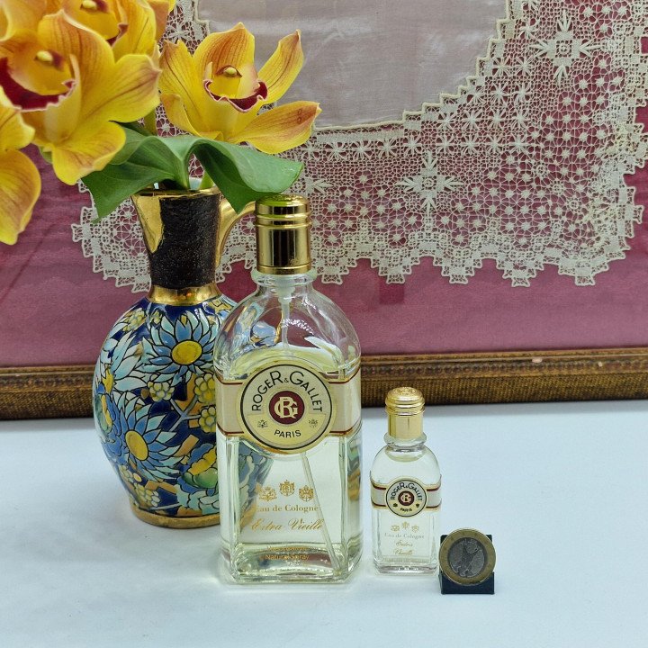 Vintage Eau de Cologne Parfum Roger & Gallet Extra Vieille, Set van 2 met 100ml Spray en 15ml Miniatuur Splash, Jaren 1980 Zeld…