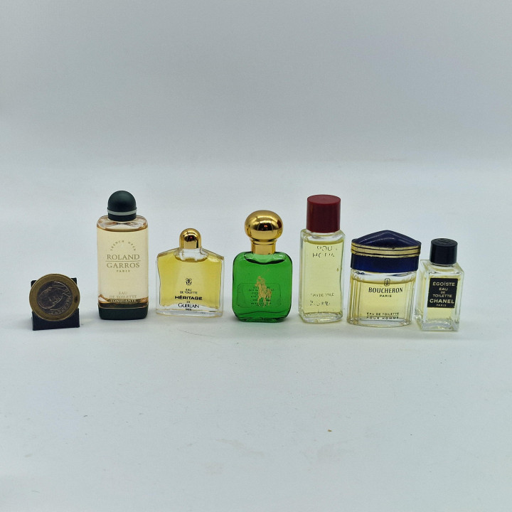 Lote 5 Miniaturas Perfume Homem Vintage, Chanel Egoiste, Guerlain Heritage, YSL, Polo, Boucheron, Fragrancias de Colecao Anos 8…