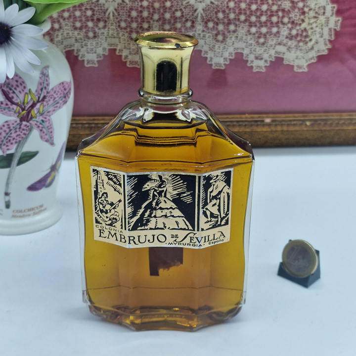 Vintage Perfume Bottle Myrurgia Embrujo de Sevilla 200ml, Art Deco Glass and Gold Metal, 1940s Spain Rare El Aeroplano Collecti…