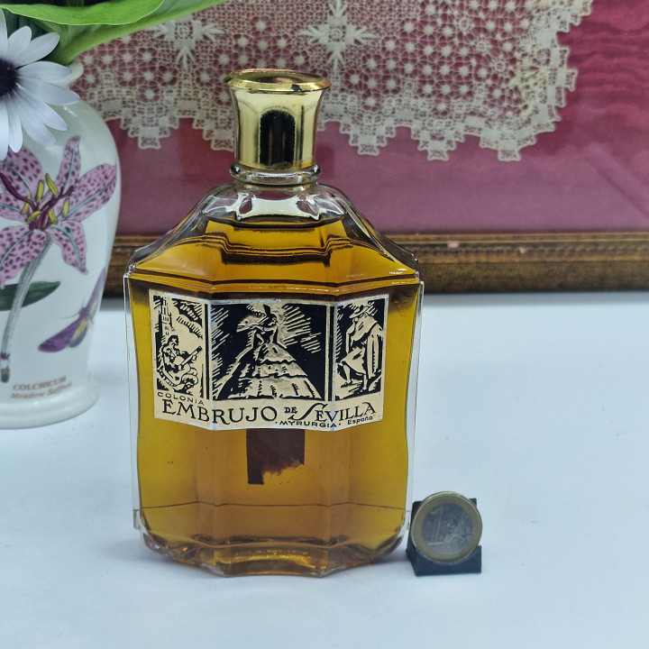 Винтажный флакон Myrurgia Embrujo de Sevilla 200мл, духи арт деко стекло и металл, Испания 1940е редкий El Aeroplano коллекцион…