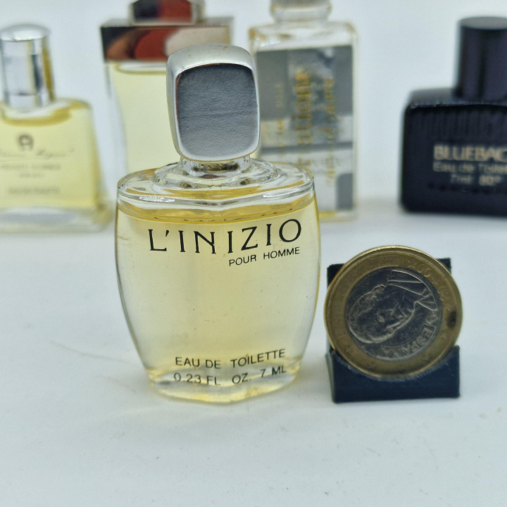 Set of 6 Vintage Men Mini Perfume Bottles - Salvatore Ferragamo, Etienne Aigner, Carven, Morris Blueback, L'Inizio - 1990s Colo…