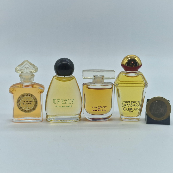 Lote Miniaturas Perfume Vintage, Set de 4 Guerlain e Crésus - Samsara, L'Heure Bleue, L'Instant, 4 x 5ml Frascos Colecionáveis