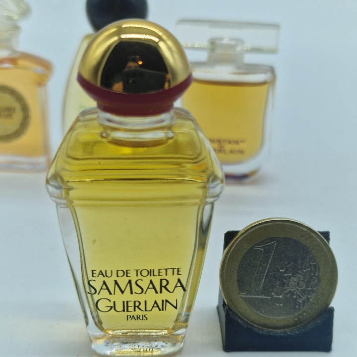 Lote Miniaturas Perfume Vintage, Set de 4 Guerlain e Crésus - Samsara, L'Heure Bleue, L'Instant, 4 x 5ml Frascos Colecionáveis