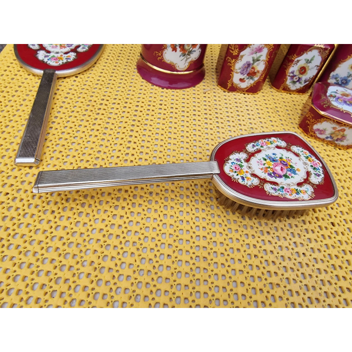 Jogo de Toucador em Porcelana 7 Peças, Limoges com Espelho e Escova Inglesa, Decoração de Toucador Floral e Ouro, Vintage Anos…