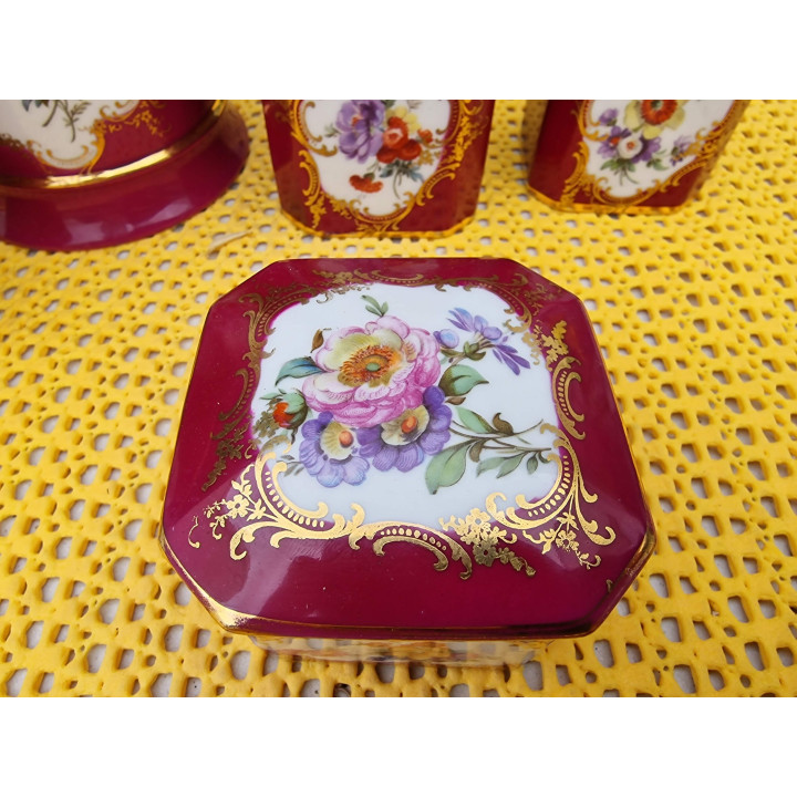 Juego de Tocador de Porcelana de 7 Piezas, Limoges con Espejo y Cepillo Inglés, Decoración de Tocador Floral y Oro, Vintage Año…