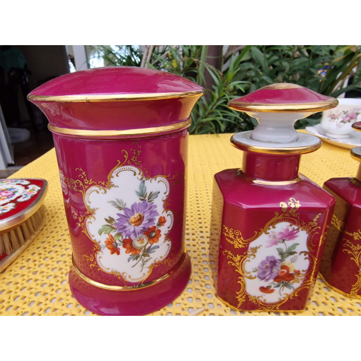 Juego de Tocador de Porcelana de 7 Piezas, Limoges con Espejo y Cepillo Inglés, Decoración de Tocador Floral y Oro, Vintage Año…