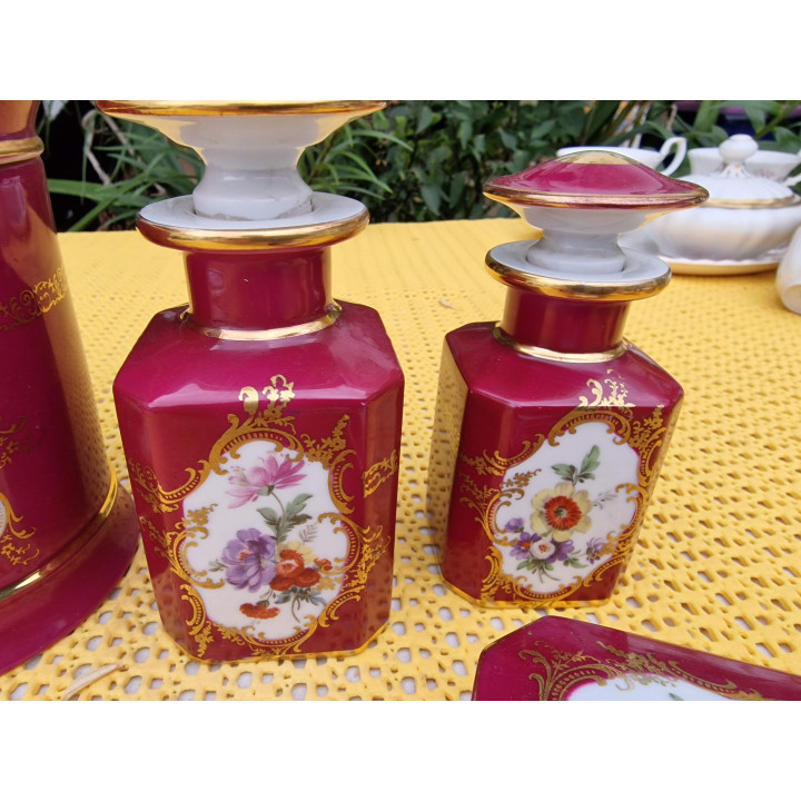 Juego de Tocador de Porcelana de 7 Piezas, Limoges con Espejo y Cepillo Inglés, Decoración de Tocador Floral y Oro, Vintage Año…