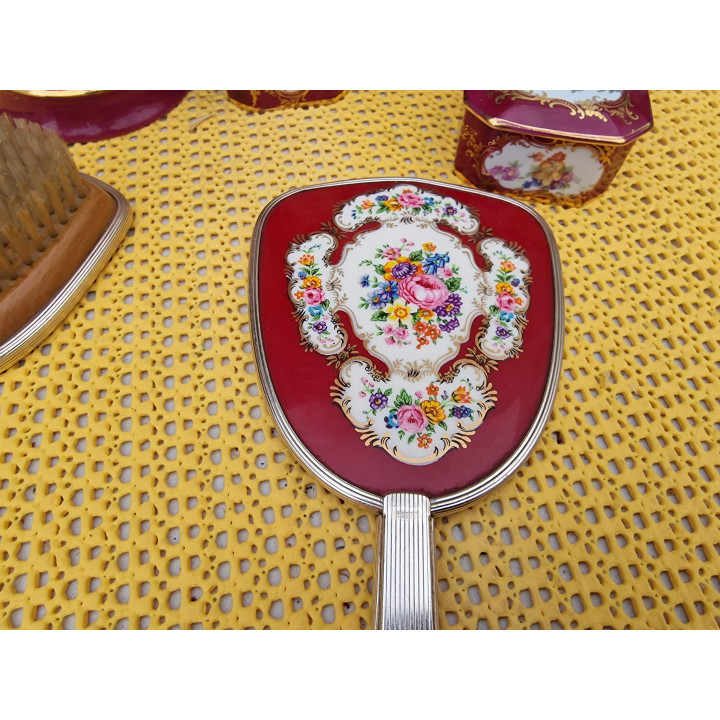 Jogo de Toucador em Porcelana 7 Peças, Limoges com Espelho e Escova Inglesa, Decoração de Toucador Floral e Ouro, Vintage Anos…