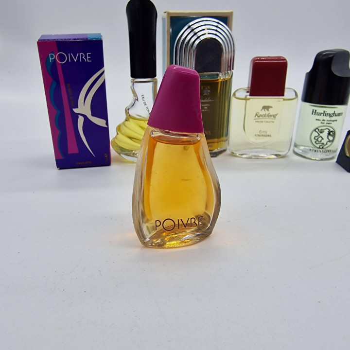 Lote de 5 Miniaturas de Perfume Atkinsons Vintage, Jubilation Poivre Bizarre Rockford y Hurlingham con Cajas, Colección Años 80