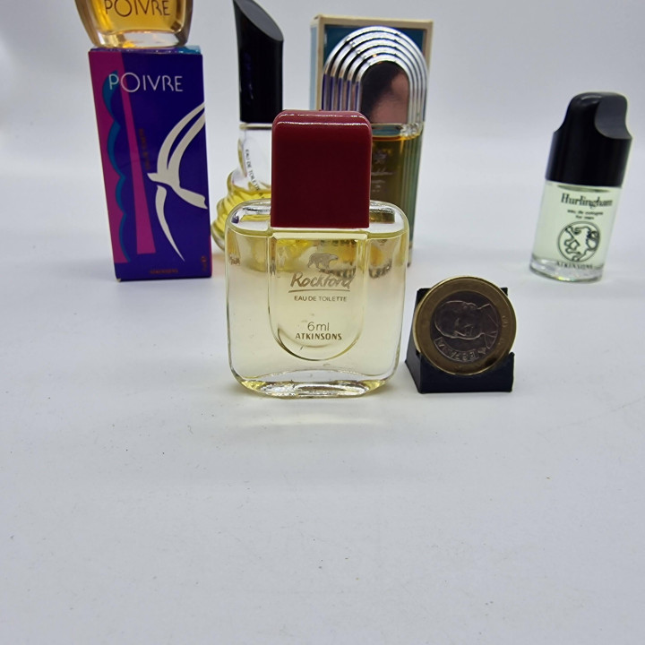 Lote de 5 Miniaturas de Perfume Atkinsons Vintage, Jubilation Poivre Bizarre Rockford y Hurlingham con Cajas, Colección Años 80