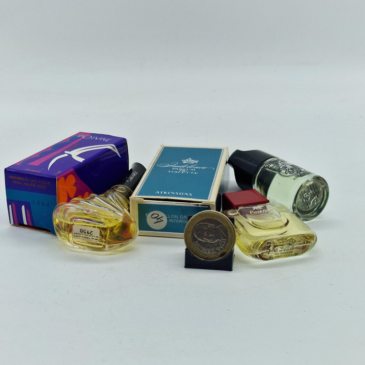 Lote de 5 Miniaturas de Perfume Atkinsons Vintage, Jubilation Poivre Bizarre Rockford y Hurlingham con Cajas, Colección Años 80