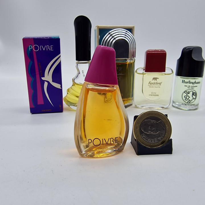 Lote de 5 Miniaturas de Perfume Atkinsons Vintage, Jubilation Poivre Bizarre Rockford y Hurlingham con Cajas, Colección Años 80