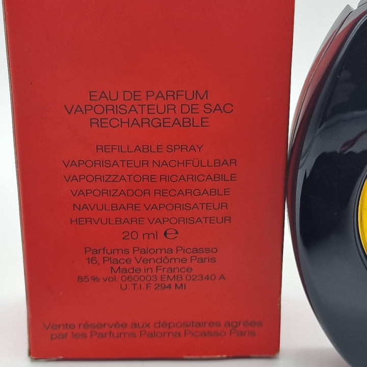 ヴィンテージ パロマピカソ オードパルファム 20ml 詰め替え可能アトマイザー、1980年代のコレクター向けフランス製レディース香水、元箱と黒いベルベット製ポーチ付きレアアイテム
