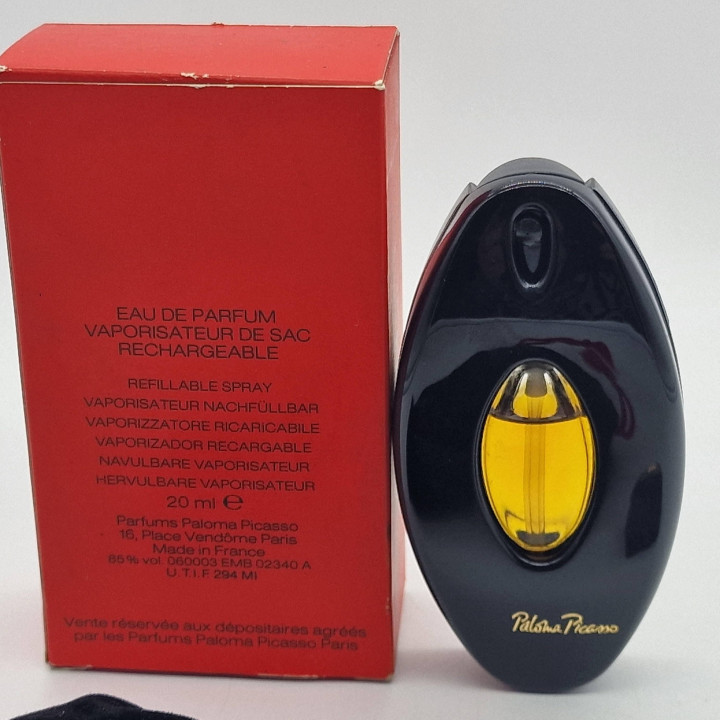 ヴィンテージ パロマピカソ オードパルファム 20ml 詰め替え可能アトマイザー、1980年代のコレクター向けフランス製レディース香水、元箱と黒いベルベット製ポーチ付きレアアイテム