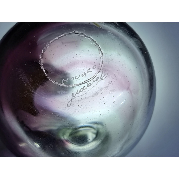 Jean Claude Novaro Parfümflasche Signiert, Biot Glas Flakon Handgeblasen 1990er, Amethyst Glasflakon mit Metall Floral Deko
