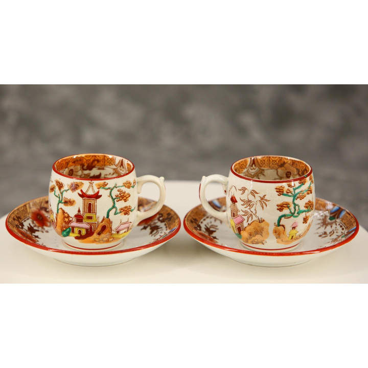 サグマイン コーヒーカップ＆ソーサー 2客セット サルグミンヌ 半磁器 シノワズリ 東洋風 パゴダ 19世紀骨董 フランス製