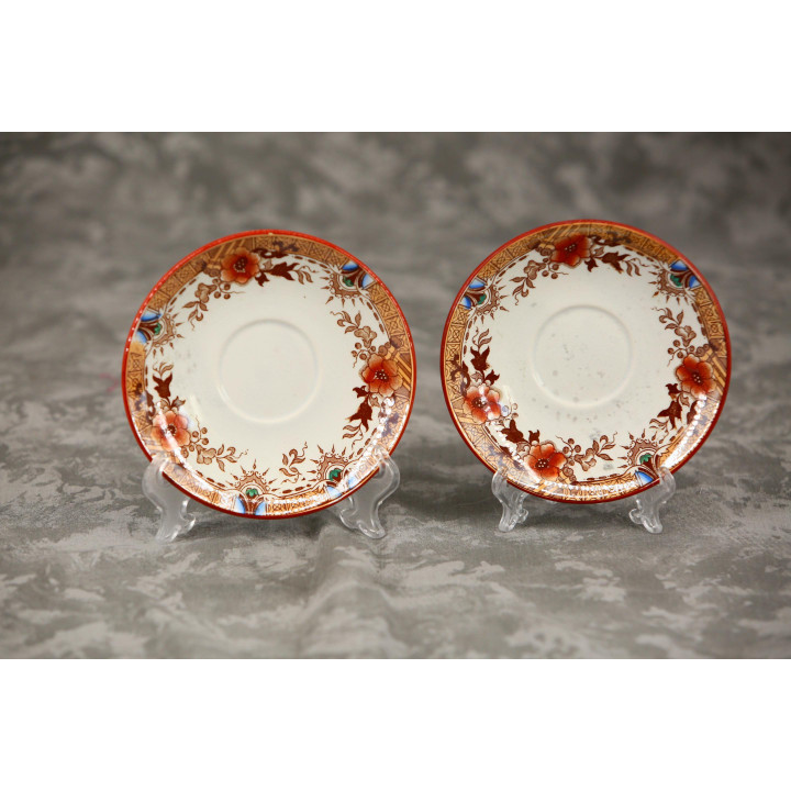 2er Set Sarreguemines Kaffeetassen mit Untertellern, Opaque de Sarreguemines Steingut, Französische Chinoiserie Pagode, 19. Jah…