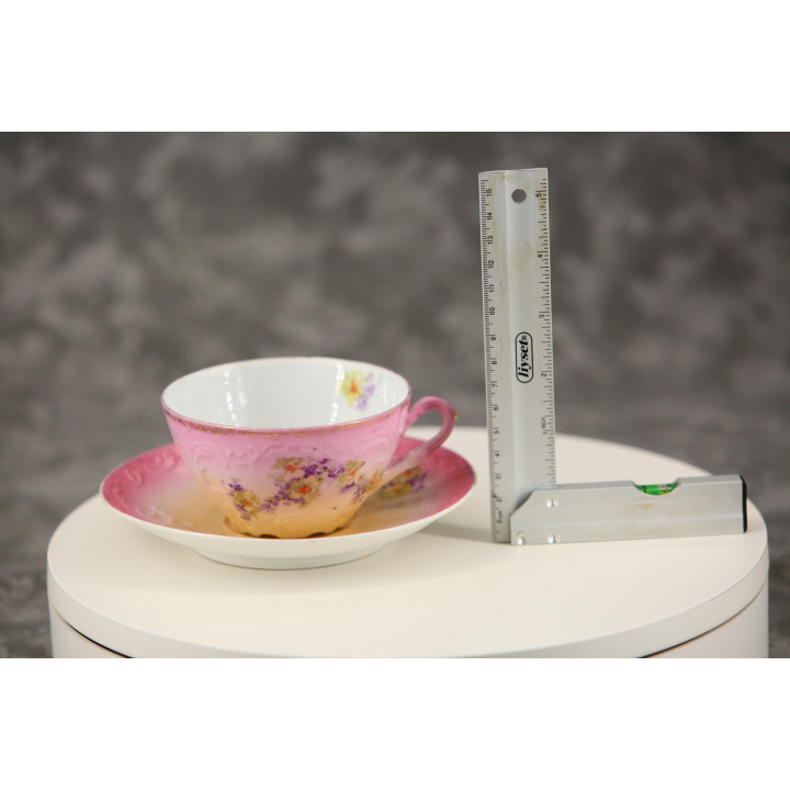 Tazza da tè antica con piattino, porcellana tedesca o boema senza marchio, rilievo floreale rosa e giallo, 200 ml, circa 1900