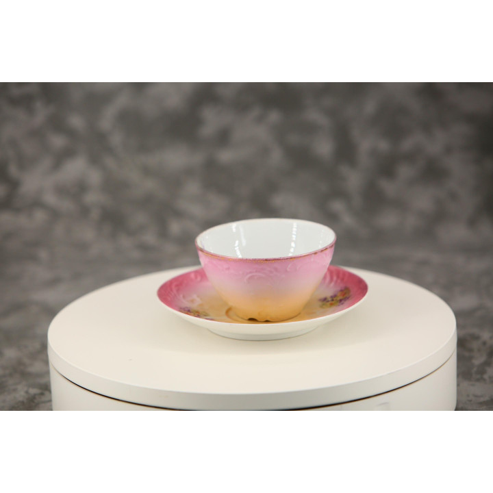 Tazza da tè antica con piattino, porcellana tedesca o boema senza marchio, rilievo floreale rosa e giallo, 200 ml, circa 1900