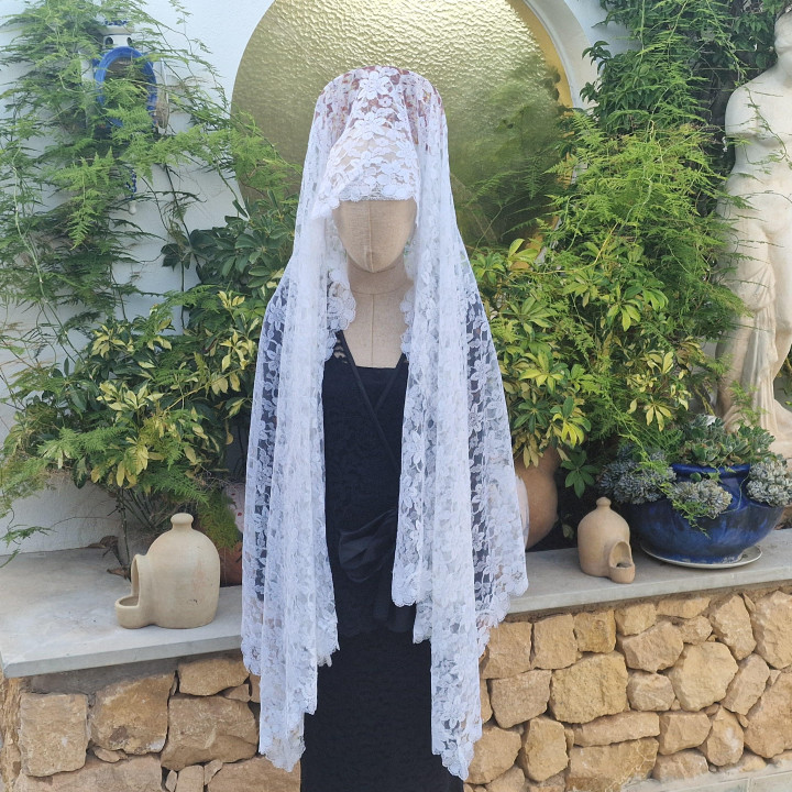 Bruidsmantilla - Trouwsluier en Spaanse Mantilla van Viscose Kant, Wit voor Ceremonies en Goede Week - 200x100 cm