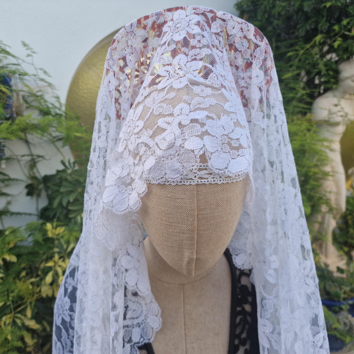 Bruidsmantilla - Trouwsluier en Spaanse Mantilla van Viscose Kant, Wit voor Ceremonies en Goede Week - 200x100 cm