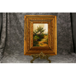 19世紀 オパールガラス油絵 風景画 金箔額縁付き