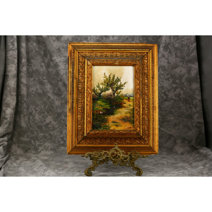 Antique 19th C. Oil Painting on Opaline Glass - Framed